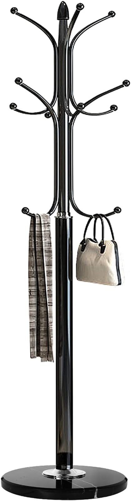 Freestanding Coat Rack Stand, Heavy Duty Metal Hall Tree with 12 Hooks, 70 Inch Tall Stable Coat Hanger with 14.6" Natural Marble Base, Entryway Organizer for Coats Bags Hats Purses