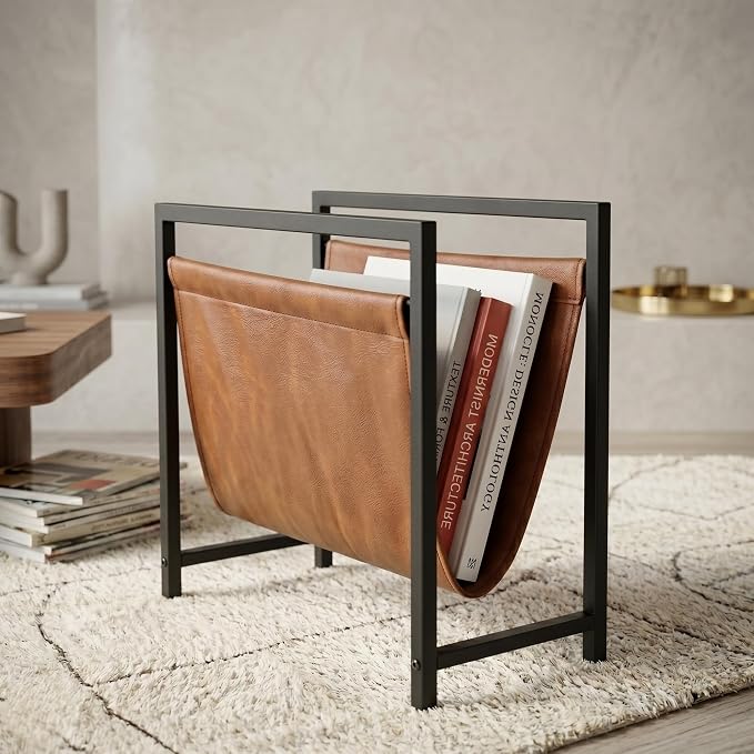 Modern Magazine Rack for Living Room and Office | Freestanding Metal and Leather Magazine Holder | Contemporary Storage Organizer for Books, Newspapers | Minimalist Home and Lounge Decor