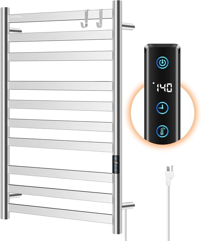 Heated Towel Rack for Bathroom, Towel Warmer with 10 Bar Flat Rack Large, Electric Hot Towel Rack Wall Mounted, LED Buit-in Timer, Plug-in, Stainless Steel, Fast Heating
