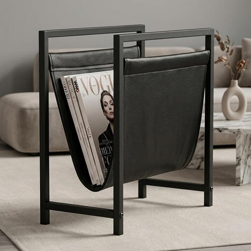 Modern Magazine Rack for Living Room and Office | Freestanding Metal and Leather Magazine Holder | Contemporary Storage Organizer for Books, Newspapers | Minimalist Home and Lounge Decor