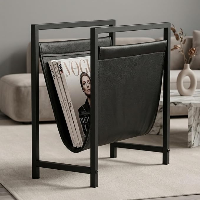 Modern Magazine Rack for Living Room and Office | Freestanding Metal and Leather Magazine Holder | Contemporary Storage Organizer for Books, Newspapers | Minimalist Home and Lounge Decor