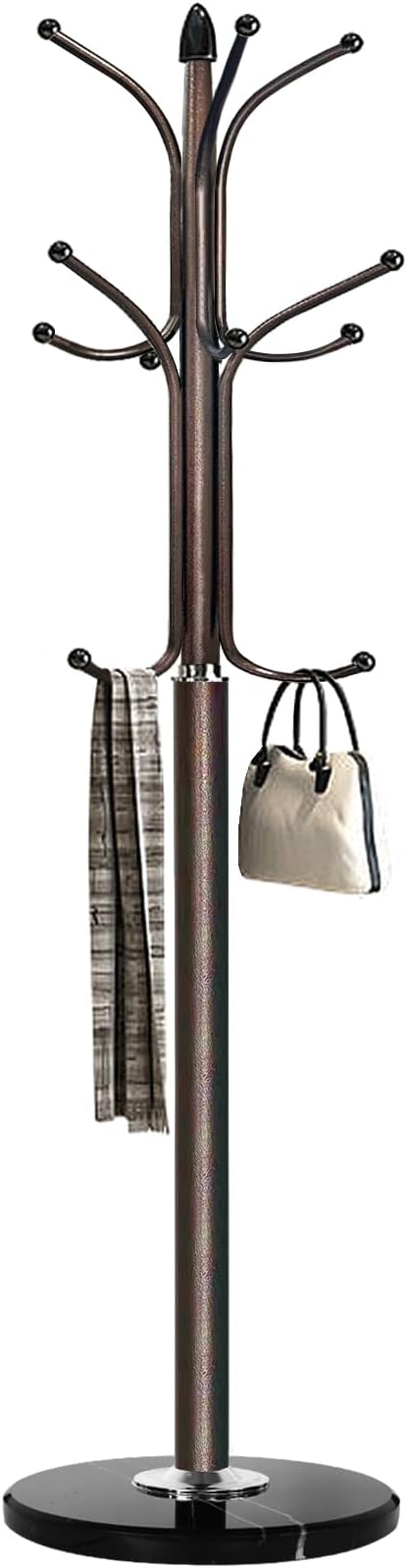 Freestanding Coat Rack Stand, Heavy Duty Metal Hall Tree with 12 Hooks, 70 Inch Tall Stable Coat Hanger with 14.6" Natural Marble Base, Entryway Organizer for Coats Bags Hats Purses