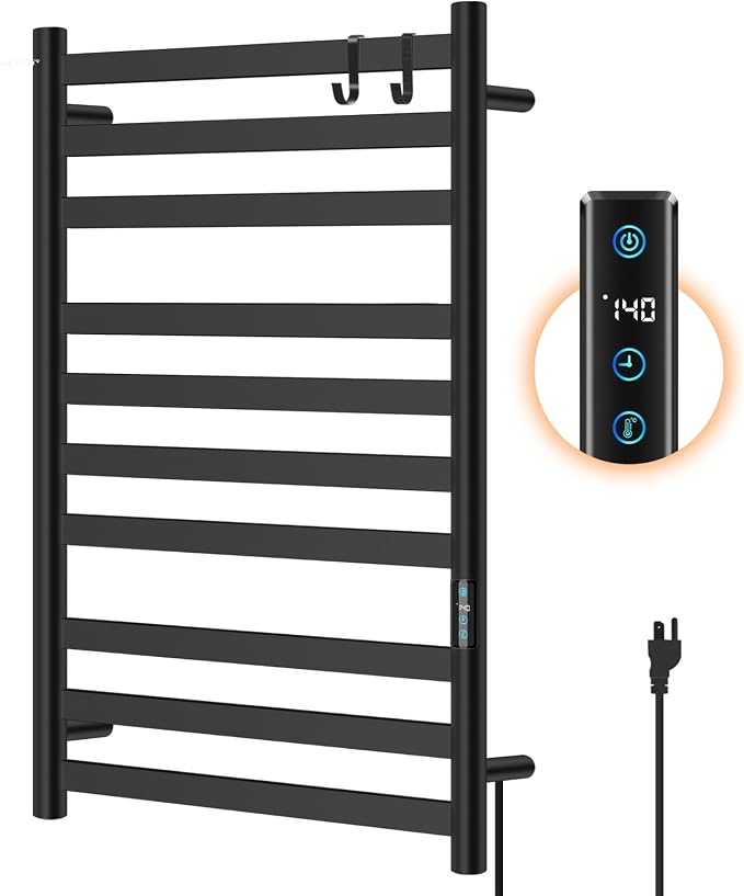 Heated Towel Rack for Bathroom, Towel Warmer with 10 Bar Flat Rack Large, Electric Hot Towel Rack Wall Mounted, LED Buit-in Timer, Plug-in, Stainless Steel, Fast Heating