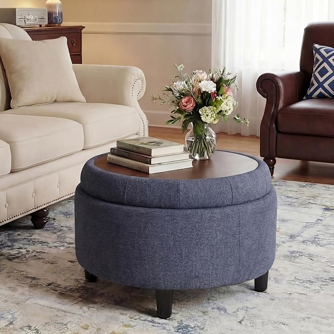 Round Hidden Storage Ottoman with Reversible Tray Lid – Multi-Functional Footrest, Sturdy & Stylish Fabric Coffee Table for Living Room, Bedroom, or Entryway