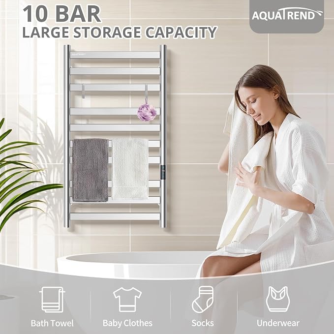 Heated Towel Rack for Bathroom, Towel Warmer with 10 Bar Flat Rack Large, Electric Hot Towel Rack Wall Mounted, LED Buit-in Timer, Plug-in, Stainless Steel, Fast Heating