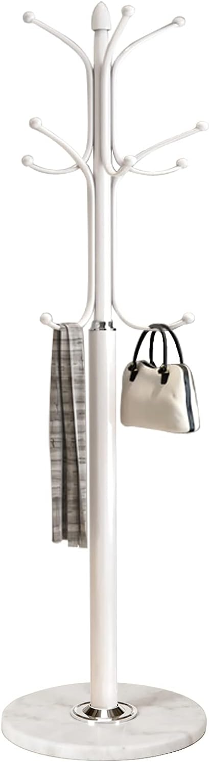 Freestanding Coat Rack Stand, Heavy Duty Metal Hall Tree with 12 Hooks, 70 Inch Tall Stable Coat Hanger with 14.6" Natural Marble Base, Entryway Organizer for Coats Bags Hats Purses