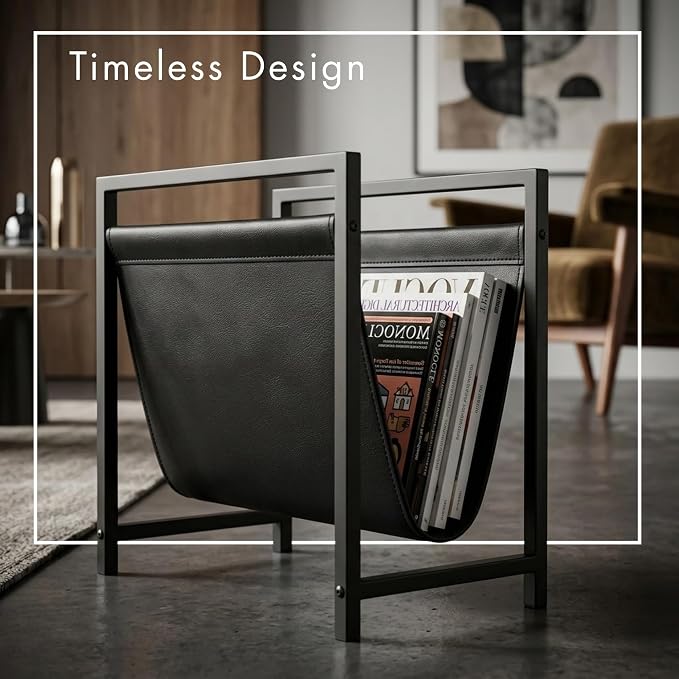 Modern Magazine Rack for Living Room and Office | Freestanding Metal and Leather Magazine Holder | Contemporary Storage Organizer for Books, Newspapers | Minimalist Home and Lounge Decor