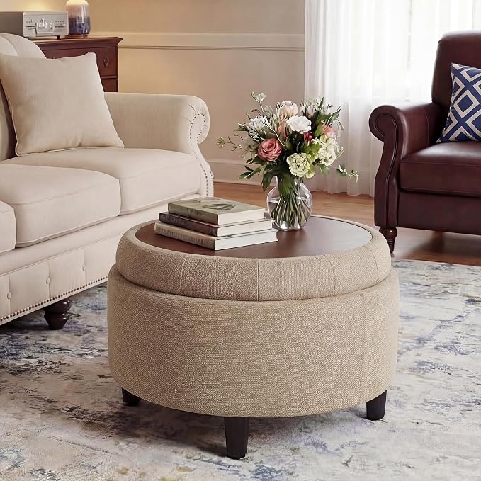 Round Hidden Storage Ottoman with Reversible Tray Lid – Multi-Functional Footrest, Sturdy & Stylish Fabric Coffee Table for Living Room, Bedroom, or Entryway