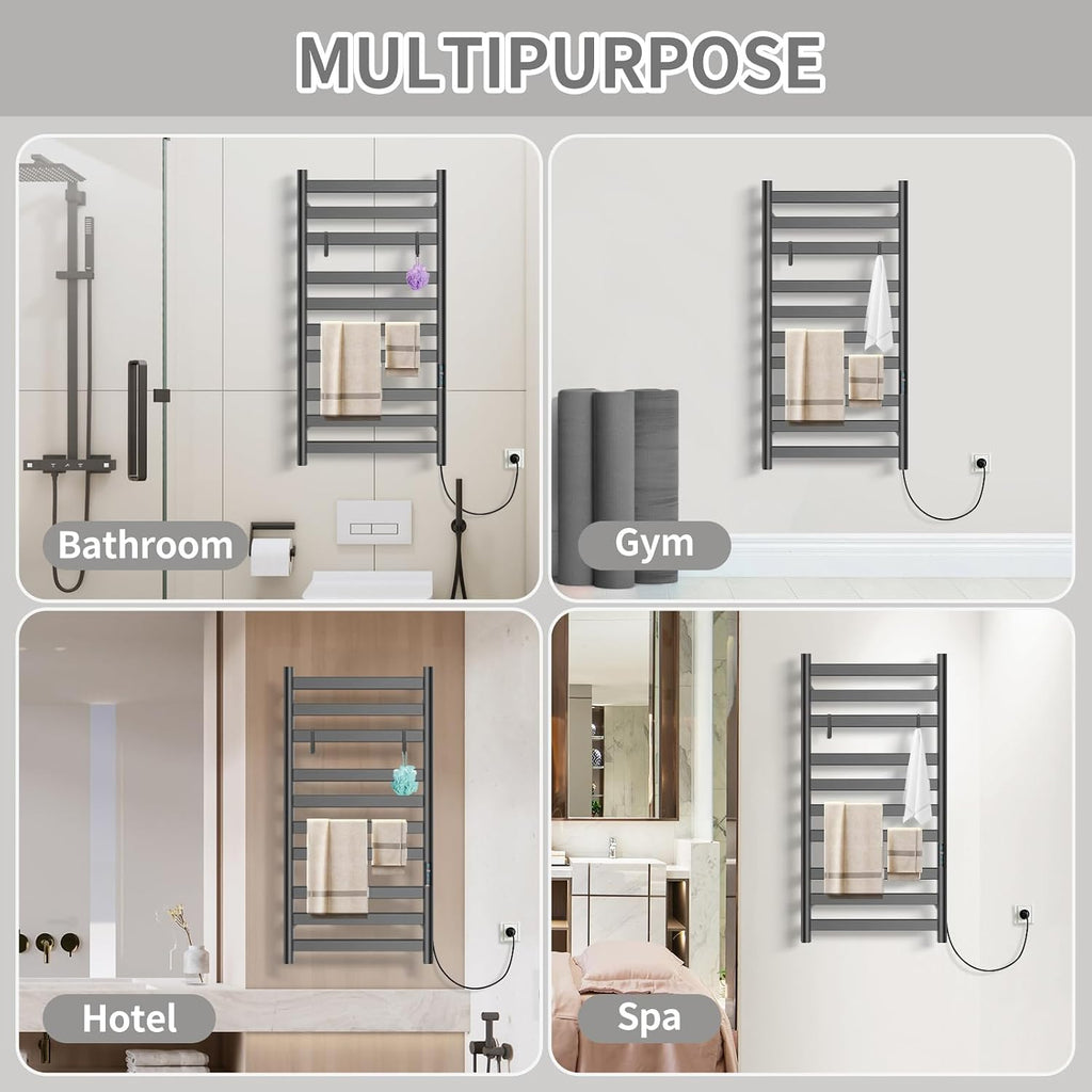 Heated Towel Rack for Bathroom, Towel Warmer with 10 Bar Flat Rack Large, Electric Hot Towel Rack Wall Mounted, LED Buit-in Timer, Plug-in, Stainless Steel, Fast Heating