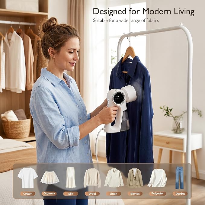 Steamer for Clothes, Clothes Steamer Handheld Supports Both Hanging and Flat Ironing, Auto Absorbs Clothing, Adjustable Suction Power from 3000-6000Pa, Fits Easily Into a Suitcase
