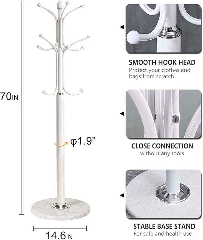 Freestanding Coat Rack Stand, Heavy Duty Metal Hall Tree with 12 Hooks, 70 Inch Tall Stable Coat Hanger with 14.6" Natural Marble Base, Entryway Organizer for Coats Bags Hats Purses