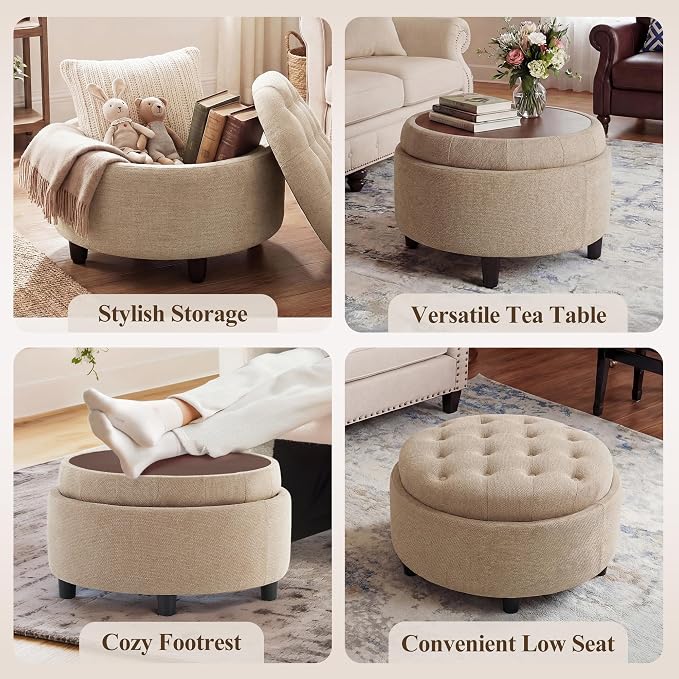 Round Hidden Storage Ottoman with Reversible Tray Lid – Multi-Functional Footrest, Sturdy & Stylish Fabric Coffee Table for Living Room, Bedroom, or Entryway