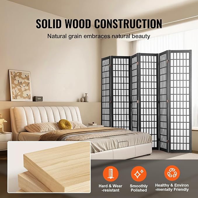 Room Divider, 6 Panel Japanese Room Divider, Wood Folding Privacy Screen Indoor, Partition Dividers Portable Decoration Screens, for Room Separation Home Office Restaurant & Bedroom