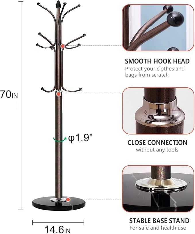 Freestanding Coat Rack Stand, Heavy Duty Metal Hall Tree with 12 Hooks, 70 Inch Tall Stable Coat Hanger with 14.6" Natural Marble Base, Entryway Organizer for Coats Bags Hats Purses