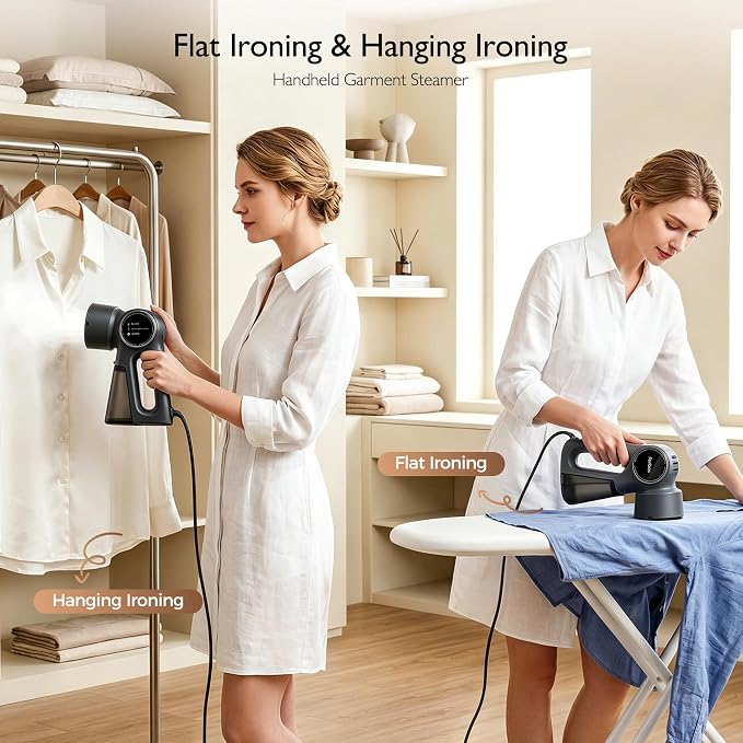 Steamer for Clothes, Clothes Steamer Handheld Supports Both Hanging and Flat Ironing, Auto Absorbs Clothing, Adjustable Suction Power from 3000-6000Pa, Fits Easily Into a Suitcase
