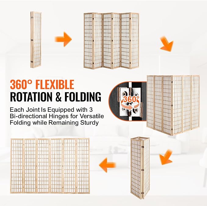 Room Divider, 6 Panel Japanese Room Divider, Wood Folding Privacy Screen Indoor, Partition Dividers Portable Decoration Screens, for Room Separation Home Office Restaurant & Bedroom