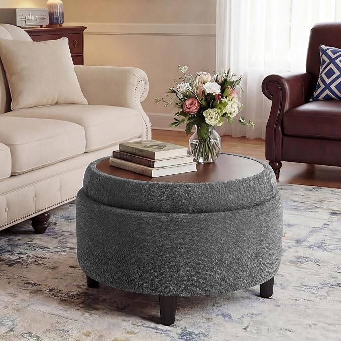 Round Hidden Storage Ottoman with Reversible Tray Lid – Multi-Functional Footrest, Sturdy & Stylish Fabric Coffee Table for Living Room, Bedroom, or Entryway