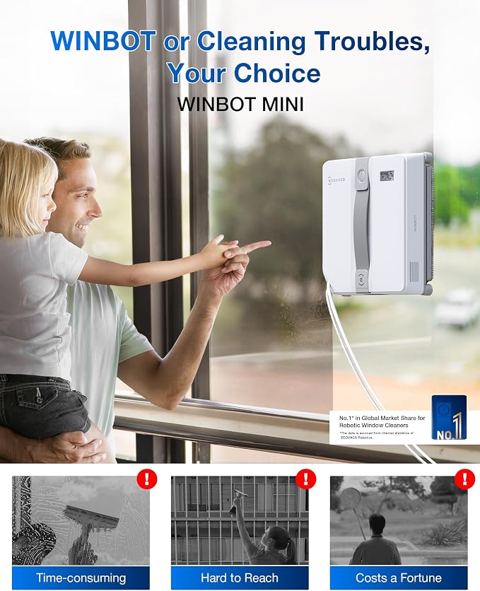WINBOT Mini Window Cleaning Robot - Compact Design, Dual Nozzles with Ultrasonic Spray, 9-Stage Protection System, Intelligent Path Planning, 3 Cleaning Modes, Anti-Slipping System