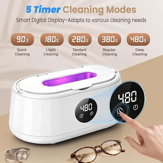 Ultrasonic Jewelry Ultrasonic Jewelry Cleaner, 50kHz Ultrasonic Cleaner Machine for Jewelry, Eyeglass, Retainers,Watch Strap, Rings,420ml 304 Stainless Steel Tank, 5 Timer Modes & LED Digital DisplayCleaner