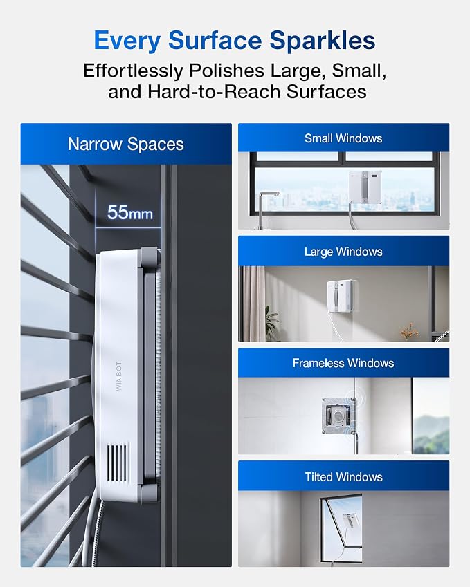 WINBOT Mini Window Cleaning Robot - Compact Design, Dual Nozzles with Ultrasonic Spray, 9-Stage Protection System, Intelligent Path Planning, 3 Cleaning Modes, Anti-Slipping System