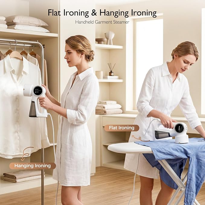 Steamer for Clothes, Clothes Steamer Handheld Supports Both Hanging and Flat Ironing, Auto Absorbs Clothing, Adjustable Suction Power from 3000-6000Pa, Fits Easily Into a Suitcase