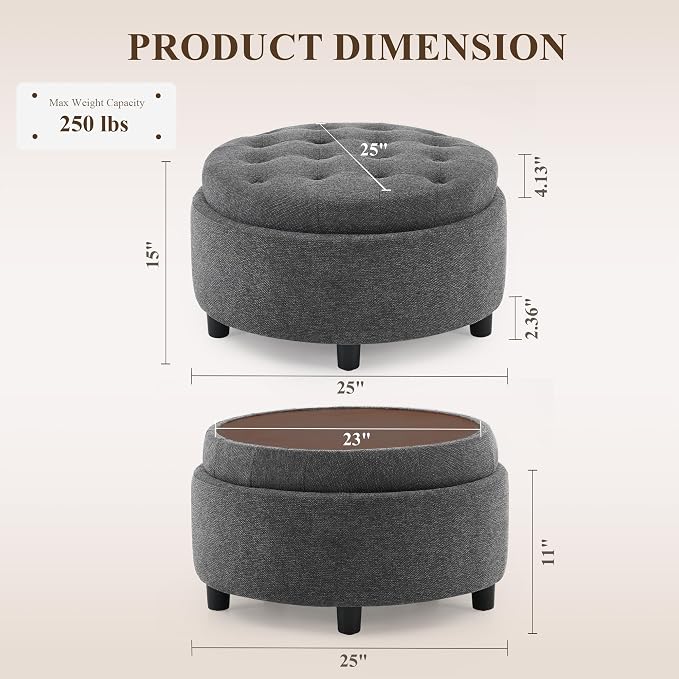 Round Hidden Storage Ottoman with Reversible Tray Lid – Multi-Functional Footrest, Sturdy & Stylish Fabric Coffee Table for Living Room, Bedroom, or Entryway