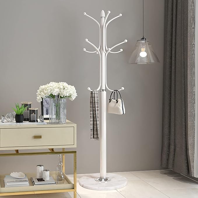 Freestanding Coat Rack Stand, Heavy Duty Metal Hall Tree with 12 Hooks, 70 Inch Tall Stable Coat Hanger with 14.6" Natural Marble Base, Entryway Organizer for Coats Bags Hats Purses