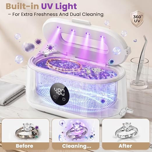 Ultrasonic Jewelry Ultrasonic Jewelry Cleaner, 50kHz Ultrasonic Cleaner Machine for Jewelry, Eyeglass, Retainers,Watch Strap, Rings,420ml 304 Stainless Steel Tank, 5 Timer Modes & LED Digital DisplayCleaner