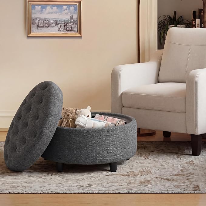 Round Hidden Storage Ottoman with Reversible Tray Lid – Multi-Functional Footrest, Sturdy & Stylish Fabric Coffee Table for Living Room, Bedroom, or Entryway
