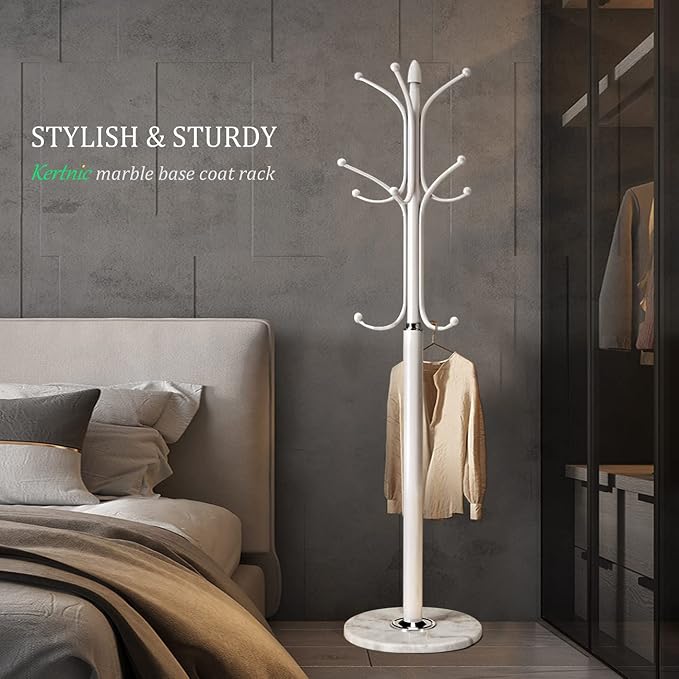 Freestanding Coat Rack Stand, Heavy Duty Metal Hall Tree with 12 Hooks, 70 Inch Tall Stable Coat Hanger with 14.6" Natural Marble Base, Entryway Organizer for Coats Bags Hats Purses