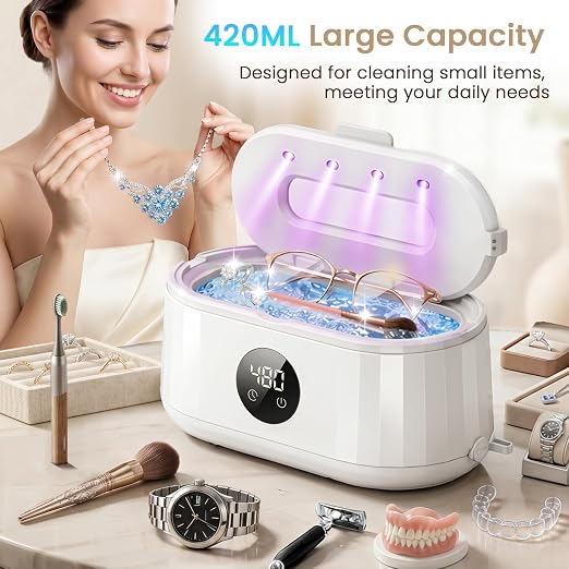 Ultrasonic Jewelry Ultrasonic Jewelry Cleaner, 50kHz Ultrasonic Cleaner Machine for Jewelry, Eyeglass, Retainers,Watch Strap, Rings,420ml 304 Stainless Steel Tank, 5 Timer Modes & LED Digital DisplayCleaner