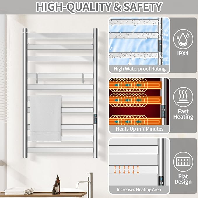 Heated Towel Rack for Bathroom, Towel Warmer with 10 Bar Flat Rack Large, Electric Hot Towel Rack Wall Mounted, LED Buit-in Timer, Plug-in, Stainless Steel, Fast Heating