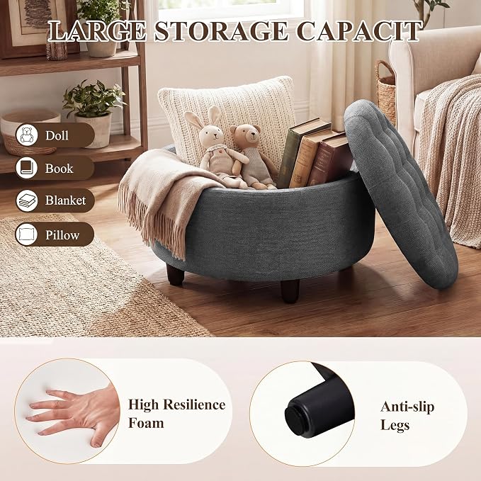 Round Hidden Storage Ottoman with Reversible Tray Lid – Multi-Functional Footrest, Sturdy & Stylish Fabric Coffee Table for Living Room, Bedroom, or Entryway