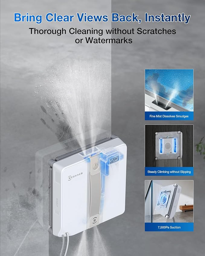 WINBOT Mini Window Cleaning Robot - Compact Design, Dual Nozzles with Ultrasonic Spray, 9-Stage Protection System, Intelligent Path Planning, 3 Cleaning Modes, Anti-Slipping System