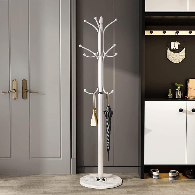 Freestanding Coat Rack Stand, Heavy Duty Metal Hall Tree with 12 Hooks, 70 Inch Tall Stable Coat Hanger with 14.6" Natural Marble Base, Entryway Organizer for Coats Bags Hats Purses