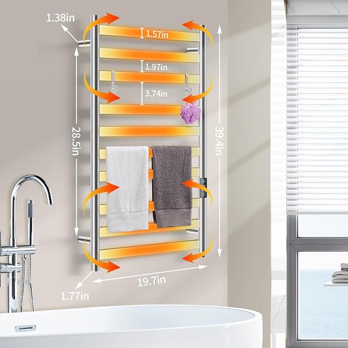 Heated Towel Rack for Bathroom, Towel Warmer with 10 Bar Flat Rack Large, Electric Hot Towel Rack Wall Mounted, LED Buit-in Timer, Plug-in, Stainless Steel, Fast Heating
