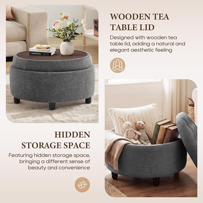 Round Hidden Storage Ottoman with Reversible Tray Lid – Multi-Functional Footrest, Sturdy & Stylish Fabric Coffee Table for Living Room, Bedroom, or Entryway