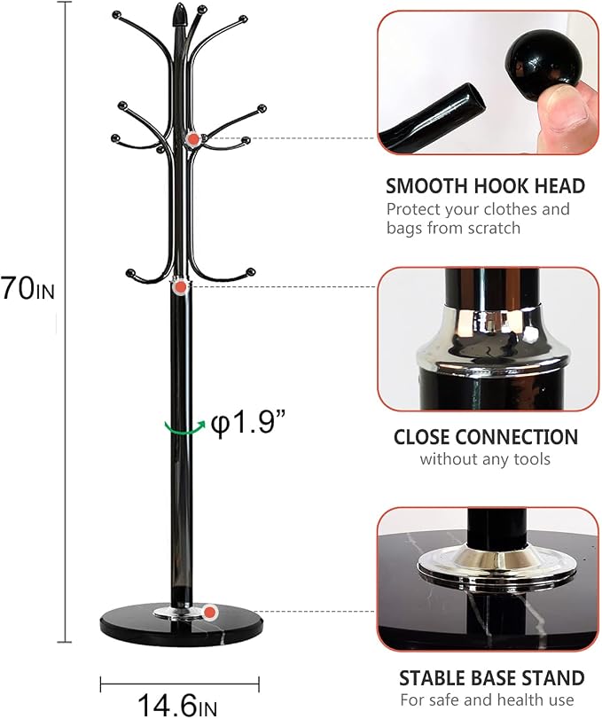 Freestanding Coat Rack Stand, Heavy Duty Metal Hall Tree with 12 Hooks, 70 Inch Tall Stable Coat Hanger with 14.6" Natural Marble Base, Entryway Organizer for Coats Bags Hats Purses