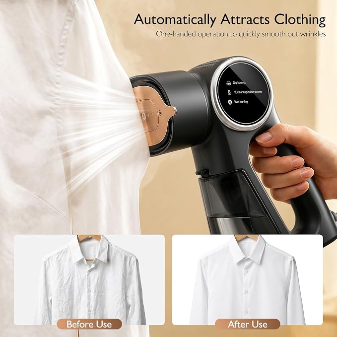 Steamer for Clothes, Clothes Steamer Handheld Supports Both Hanging and Flat Ironing, Auto Absorbs Clothing, Adjustable Suction Power from 3000-6000Pa, Fits Easily Into a Suitcase