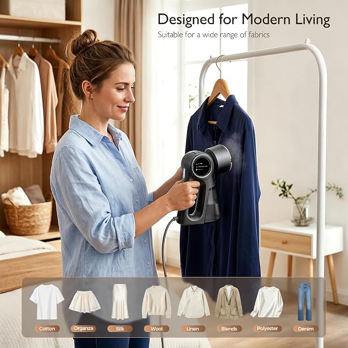 Steamer for Clothes, Clothes Steamer Handheld Supports Both Hanging and Flat Ironing, Auto Absorbs Clothing, Adjustable Suction Power from 3000-6000Pa, Fits Easily Into a Suitcase