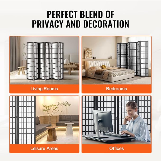 Room Divider, 6 Panel Japanese Room Divider, Wood Folding Privacy Screen Indoor, Partition Dividers Portable Decoration Screens, for Room Separation Home Office Restaurant & Bedroom