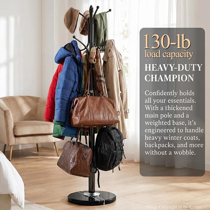 Freestanding Coat Rack Stand, Heavy Duty Metal Hall Tree with 12 Hooks, 70 Inch Tall Stable Coat Hanger with 14.6" Natural Marble Base, Entryway Organizer for Coats Bags Hats Purses