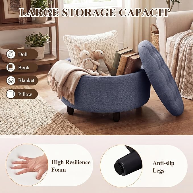 Round Hidden Storage Ottoman with Reversible Tray Lid – Multi-Functional Footrest, Sturdy & Stylish Fabric Coffee Table for Living Room, Bedroom, or Entryway